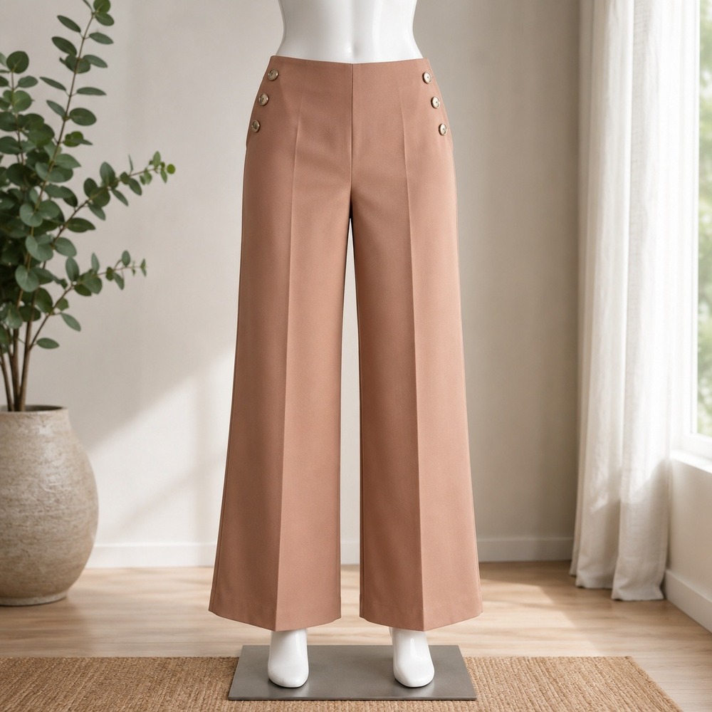 NWOT Susan Graver Wide Leg Pants Womens 2X Brown Sailor Button Liquid Knit